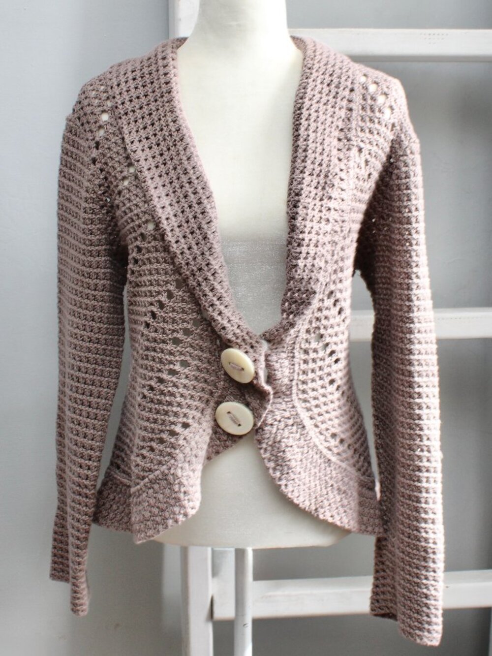 Willow Handcrafted Open Crochet Brown Knitted Button Cardigan Blazer Size Large